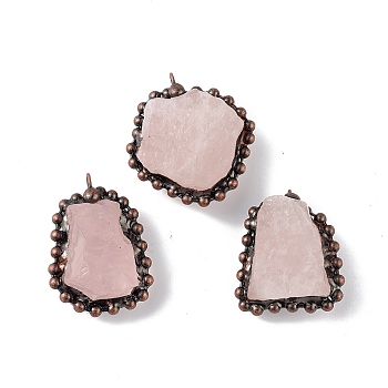Natural Rose Quartz Pendants, Nuggets Charms with Red Copper Plated Brass Chains, Lead Free & Cadmium Free, 31~42x23~35x12~23mm, Hole: 4mm