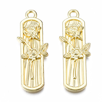 Rack Plating Alloy Pendants, Cadmium Free & Lead Free, Oval with Flower, Light Gold, 34.5x12.5x3mm, Hole: 2.5mm