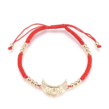 Mother's Day Gifts, Adjustable Nylon Cord Braided Bead Bracelets, with Brass Micro Pave Cubic Zirconia Links and Brass Round Beads, Moon with Word MOM, Golden, Red, Inner Diameter: 2-1/4~3-3/4 inch(5.7~9.5cm)