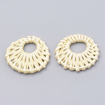 Handmade Spray Painted Reed Cane/Rattan Woven Pendants, For Making Straw Earrings and Necklaces, Dyed, Pearlized Effect, Flat Round, Lemon Chiffon, 39~43x5~5.5mm, inner diameter: 12~13mm