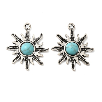 Tibetan Style Alloy Pave Imitation Turquoise Pendants, Sun Charms, Antique Silver, 26x21x4mm, Hole: 2mm