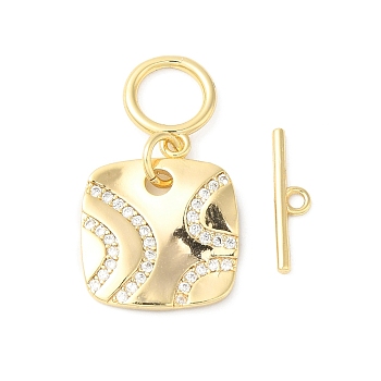 Brass Micro Pave Clear Cubic Zirconia Toggle Clasps, Square, Real 18K Gold Plated, Pendant: 14x14x1.5mm, Hole: 6mm, Bar: 13.5x3x1mm, Hole: 1mm