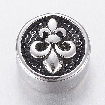 316 Surgical Stainless Steel Beads, Flat Round with Fleur De Lis, Antique Silver, 10x6mm, Hole: 2mm