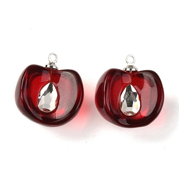 Resin Pendants with Glass Kernel and Stainless Steel Top Ring, Imitation Fruit, Cherry, Dark Red, 19x17x12.5mm, Hole: 1.6mm