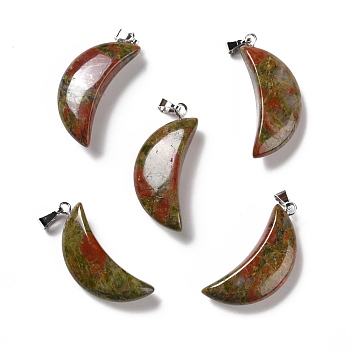 Natural Unakite Pendants, with Platinum Tone Brass Findings, Moon, 32~34x13~15x8~9mm, Hole: 2x6mm