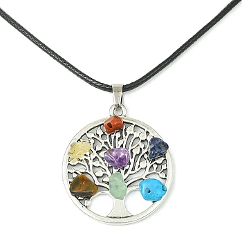Alloy Tree of Life Pendant Necklaces, Natural & Synthetic Mixed Gemstone Chips Chakra Theme Necklace with Imitation Leather Cords, Antique Silver, 17.56 inch(44.6cm)