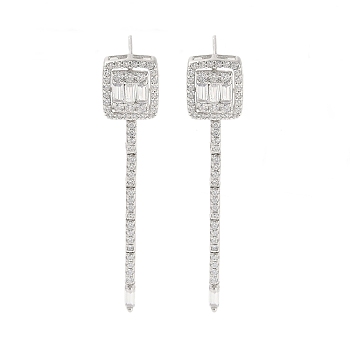 925 Sterling Silver Micro Pave Clear Cubic Zirconia Stud Earrings, Square, Real Platinum Plated, 51x10.5mm