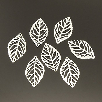 Leaf Iron Pendants, Etched Metal Embellishments, Silver Color Plated, 23.5x14x0.4mm, Hole: 1mm