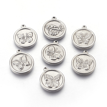 304 Stainless Steel Pendants, Flat Round with Butterfly, Stainless Steel Color, 15x2.5mm, Hole: 1~1.2mm
