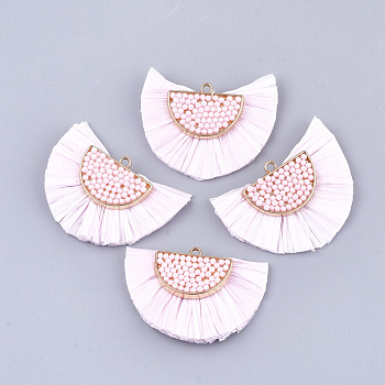 Raffia Tassel Pendants, with Micro Beads & Alloy Findings, Fan Shaped, Golden, Pink, 31~33x47x7~8mm, Hole: 2mm