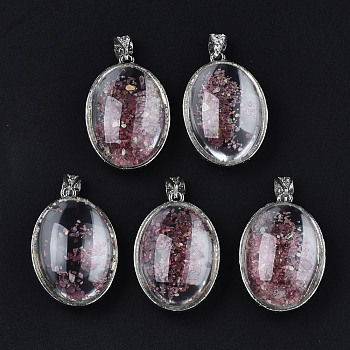 Transparent Glass Oval Pendants, with Shell Chip Beads Inside and Brass Findings, Platinum, Deep Pink, 45.5x31.5x19mm, Hole: 8.5mm