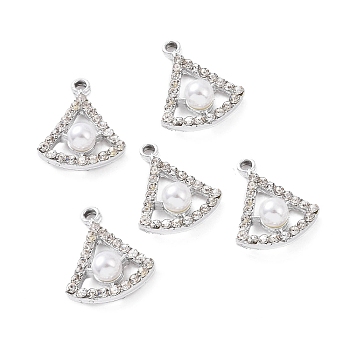 Alloy Rhinestone Pendants, with ABS Plastic Imitation Pearl Beads, Fan Charm, Platinum, 23x18.5x7.5mm, Hole: 2.3mm