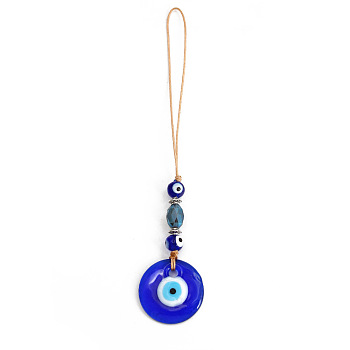Flat Round with Evil Eye Glass Pendant Decorations, Hemp Rope Hanging Ornament, Royal Blue, 150mm,