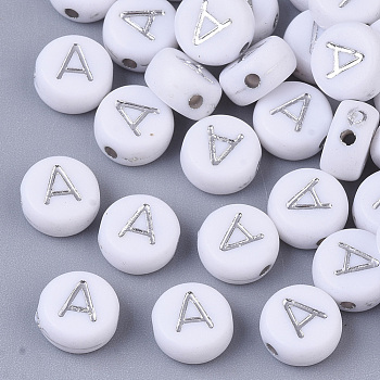 Plating Acrylic Beads, Silver Metal Enlaced, Horizontal Hole, Flat Round with Letter, White, Letter.A, 7x4mm, Hole: 1.2mm, about 3600pcs/500g.