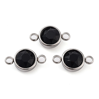 Glass Connector Charms, Faceted, Flat Round Links, with Stainless Steel Color Tone 304 Stainless Steel Findings, Jet, 17.5x10x6.5mm, Hole: 2.5mm
