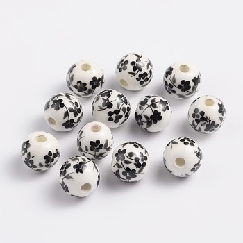 8mm Round Black Handmade Printed Porcelain Beads, Hole: 2mm