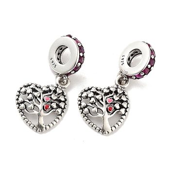 Thailand 925 Sterling Silver Micro Pave Clear Cubic Zirconia European Dangle Charms, Heart with Tree Pendants, Antique Silver, 22.5mm, Hole: 4.4mm