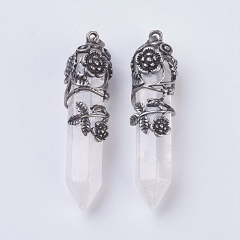 Natural Quartz Crystal Pointed Pendants, Rock Crystal Pendants, with Antique Silver Plated Brass Findings, Faceted, Bullet, Flower, 58~61x15~17mm, Hole: 5x7mm