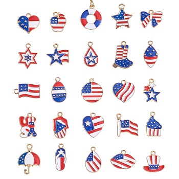 50Pcs Alloy Enamel Pendants, American Flag Theme Charms, Apple/Heart/Star Shape Charms, for July 4th Independence Day Ornament Jewelry Making, Golden