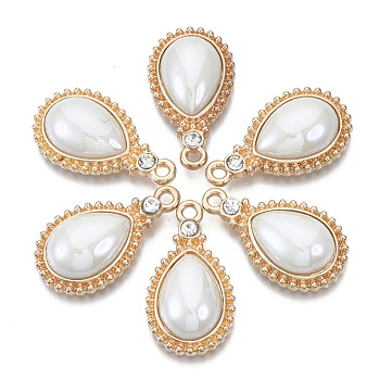 Porcelain Pendants, with Light Gold Plated Brass Findings and Crystal Rhinestone, Teardrop, Creamy White, 24x14x5mm, Hole: 1.8mm