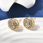 Flat Round Brass Micro Pave Clear Cubic Zirconia Stud Earrings, Pave Cluster Earring, Long-Lasting Plated, Rack Plating, Lead Free & Cadmium Free, Real 18K Gold Plated, 10.5mm(EJEW-H180-13G)