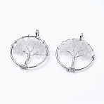 Natural Quartz Crystal Pendants, with Brass Findings, Flat Round with Tree of Life, Platinum, 29x5~7mm, Hole: 4.5mm(X-G-E419-21P)