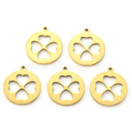 Vacuum Plating 201 Stainless Steel Pendants, Laser Cut, Flat Round with Clovers, Golden, 18x15.5x1mm, Hole: 1.2mm(STAS-N092-12G)