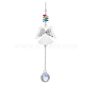 Brass Hollow Hanging Ornaments, Stainless Steel Chain and Glass Round Tassel for Home Garden Outdoor Decorations, Angel & Fairy, 290x48.5mm(HJEW-JM01929-03)