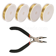 Round Copper Jewelry Wire, 0.4/0.6/0.8mm, Long-Lasting Plated, with Carbon Steel Jewelry Pliers, Golden, 0.4/0.6/0.8mm, 4 rolls(CWIR-YS0001-01G)