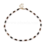 Column Natural Tiger Eyes & Kambaba Jasper & White Shell Beaded Necklaces for Women, Real 16K Gold Plated, 15.47 inch(39.3cm)(NJEW-T017-01G)