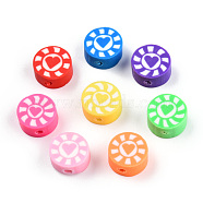 Handmade Polymer Clay Beads, Flat Round with Heart & Sun, Mixed Color, 9~10x5mm, Hole: 1.6mm(CLAY-T019-15)