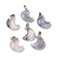 Natural Fluorite Pendants, Crescent Moon Charms with 201 Stainless Steel Snap on Bails, Stainless Steel Color, 23~24x15.5~17.5x7.5~8.5mm, Hole: 4x2.5mm(G-H035-01P-05)