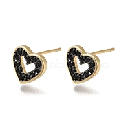 Rack Plating Brass Micro Pave Cubic Zirconia Stud Earring, Long-Lasting Plated, Cadmium Free & Lead Free, Heart with Hollow Heart, Black, Real 18K Gold Plated, 9x9.5mm(EJEW-C101-15G)