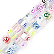 Transparent Glass Beads Strands, with Enamel, AB Color Plated, Square with Evil Eye, Colorful, 6~6.5x8~9x6.5~7mm, Hole: 1.6mm, about 50pcs/strand, 12.80~12.99''(32.5~33cm).(LAMP-F032-04B)