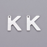 201 Stainless Steel Charms, Letter, Silver Color Plated, Letter.K, 11x9x0.7mm, Hole: 1mm(STAS-L232-007K)