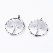 Natural Quartz Crystal Pendants, with Brass Findings, Flat Round with Tree of Life, Platinum, 29x5~7mm, Hole: 4.5mm(X-G-E419-21P)