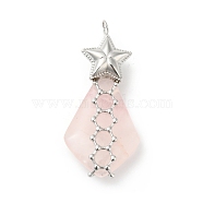 Natural Rose Quartz Pendants, Teardrop Charm, with Stainless Steel Color Plated 304 Stainless Steel Star Findings, 35~41x18~20x8~10mm, Hole: 3mm(G-G870-03P)