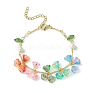 Flower & Leaf & Imitation Pearl Glass Charm Bracelet, with Golden Brass Bar Link Chains for Women, Colorful, 7-1/4 inch(18.5cm)(BJEW-TA00364)