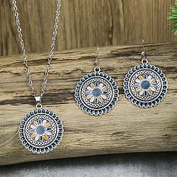 Flower Alloy Enamel Pendant Necklaces & Dangle Earrings Sets, Marine Blue, 390mm(WG8932C-04)