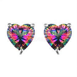 Brass Rhinestone Stud Earrings, Heart, Platinum, Colorful, 8x7.5x5mm, Pin: 0.7mm(EJEW-BB64065-A)