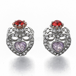 Alloy European Beads, with Rhinestone, Large Hole Beads, Heart, Platinum & Rose Gold, Amethyst, 13x11x9mm, Hole: 5mm(MPDL-N039-031)