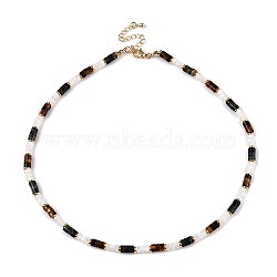 Column Natural Tiger Eyes & Kambaba Jasper & White Shell Beaded Necklaces for Women, Real 16K Gold Plated, 15.47 inch(39.3cm)(NJEW-T017-01G)