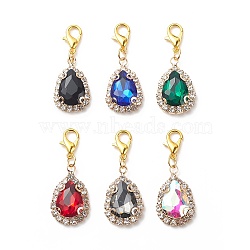 Brass Cubic Zirconia Teardrop Pendant Decorations, with Glass, Lobster Clasp Charms, Clip-on Charms, for Keychain, Purse, Backpack Ornament, Mixed Color, 35mm, 6pcs/set(HJEW-JM00807)