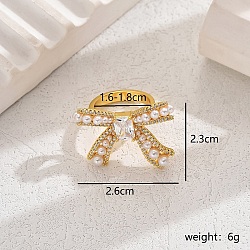 Elegant Brass Clear Cubic Zirconia Bowknot Ring, with Plastic Imitation Pearls for Women, Golden, US Size 7(17.3mm)(LY5283-3)