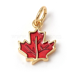 Autumn Theme Brass Charms, with Enamel and Jump Rings, Long-Lasting Plated, Maple Leaf, Red, Golden, 11.5x9x2mm, Jump Ring: 5x0.7mm, Inner Diameter: 3.6mm(KK-I668-23G)