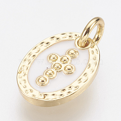 Brass Enamel Charms, Lead Free & Cadmium Free, Oval with Cross, Golden, 12x9x2mm, Hole: 2.8mm(ZIRC-F083-026G-RS)