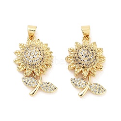 Rack Plating Brass Micro Pave Clear Cubic Zirconia Pendants, Long-Lasting Plated, Lead Free & Cadmium Free, Sunflower, Real 18K Gold Plated, 25.5x15.5x8.5mm, Hole: 5x3.5mm(KK-Z064-16G)