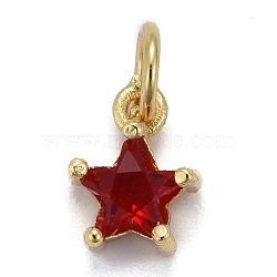 Brass Micro Pave Cubic Zirconia Pendants, Cadmium Free & Lead Free, Long-Lasting Plated, with Jump Rings, Real 18K Gold Plated, Star, Red, 8.5x7x4mm, Hole: 3mm(KK-P192-10-G01)