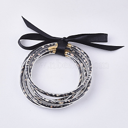 PVC Plastic Buddhist Bangle Sets, Jelly Bangles, with PU Leather Cords Inside and Polyester Ribbon, Black, 2-1/2 inch(6.3cm), 5pcs/set(BJEW-Q698-01)