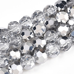 Transparent Electroplate Glass Beads Strands, Faceted, Half Silver Plated, Round, Silver, 8mm, Hole: 1.4mm, about 66~67pcs/strand, 19.02~19.29 inch(48.3~49cm)(EGLA-A035-T8mm-M01)
